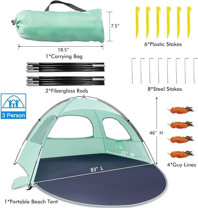 Beach Tent Sun Shade Shelter for 2-3 Person with UV Protection, Extended Floor, 3 Mesh Roll Up Windows & 8.0mm Fiberglass Rods