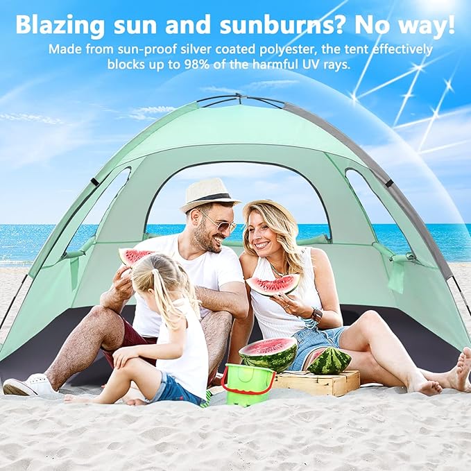 Beach Tent Sun Shade Shelter for 2-3 Person with UV Protection, Extended Floor, 3 Mesh Roll Up Windows & 8.0mm Fiberglass Rods