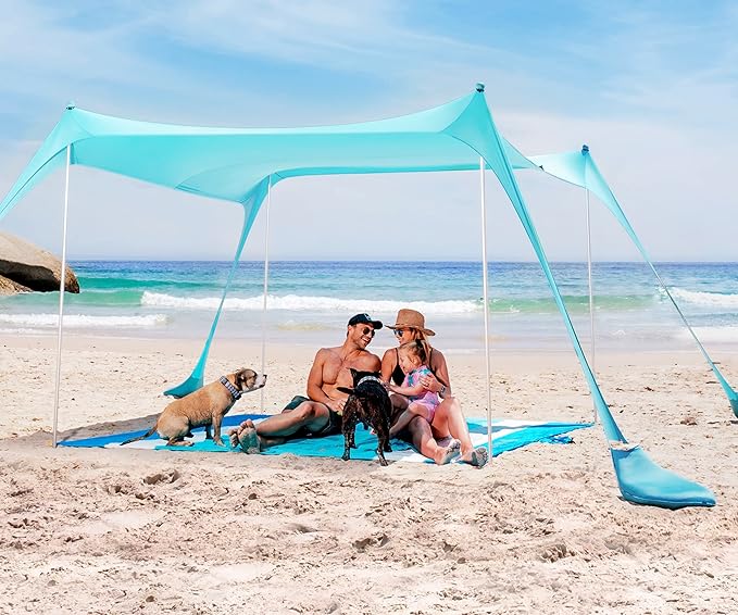 SUN NINJA Beach Tent Sun Shelter with UPF50+ Protection, Includes Sand Shovel, Ground Pegs and Stability Poles, Outdoor Pop Up Beach Shade Canopy for Camping, Fishing, Backyard Fun or Picnics